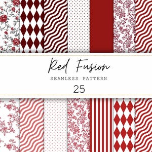 Op de afbeelding: Een verzameling van 25 naadloze patronen in rood en wit. Ontwerpen omvatten bloemen-, stippen-, strepen-, ruit- en golfpatronen. De tekst "Red Fusion" en "Seamless Pattern 25" wordt weergegeven.