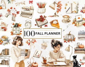 Fall Planner Clipart Watercolor Autumn Planner Stickers Fall Journal Clipart Fall PNG Planner Girl Png Planner Lover Clipart Office Supplies