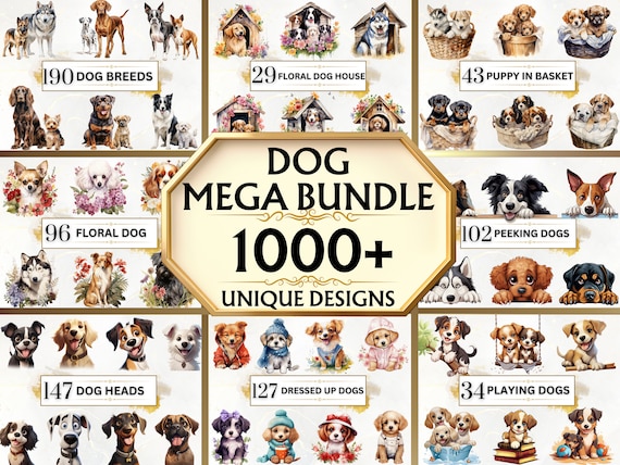 Dog Clipart Bundle - 1000+ Watercolor Dogs PNG, Dog Sublimation Designs, Cute Dogs Clipart PNG, Puppy Clipart, Dog Breeds PNG,Animal Clipart