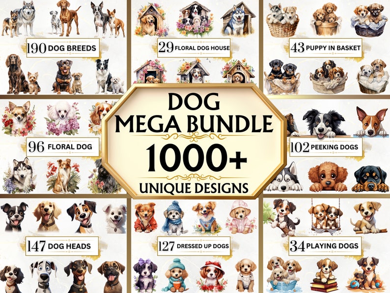 Image shows Dog Mega Clipart Bundle featuring different dog breeds, floral dogs, puppies in basket, dressed up dogs, animated dog heads, dog silhouettes, birthday dogs, dog houses and more.