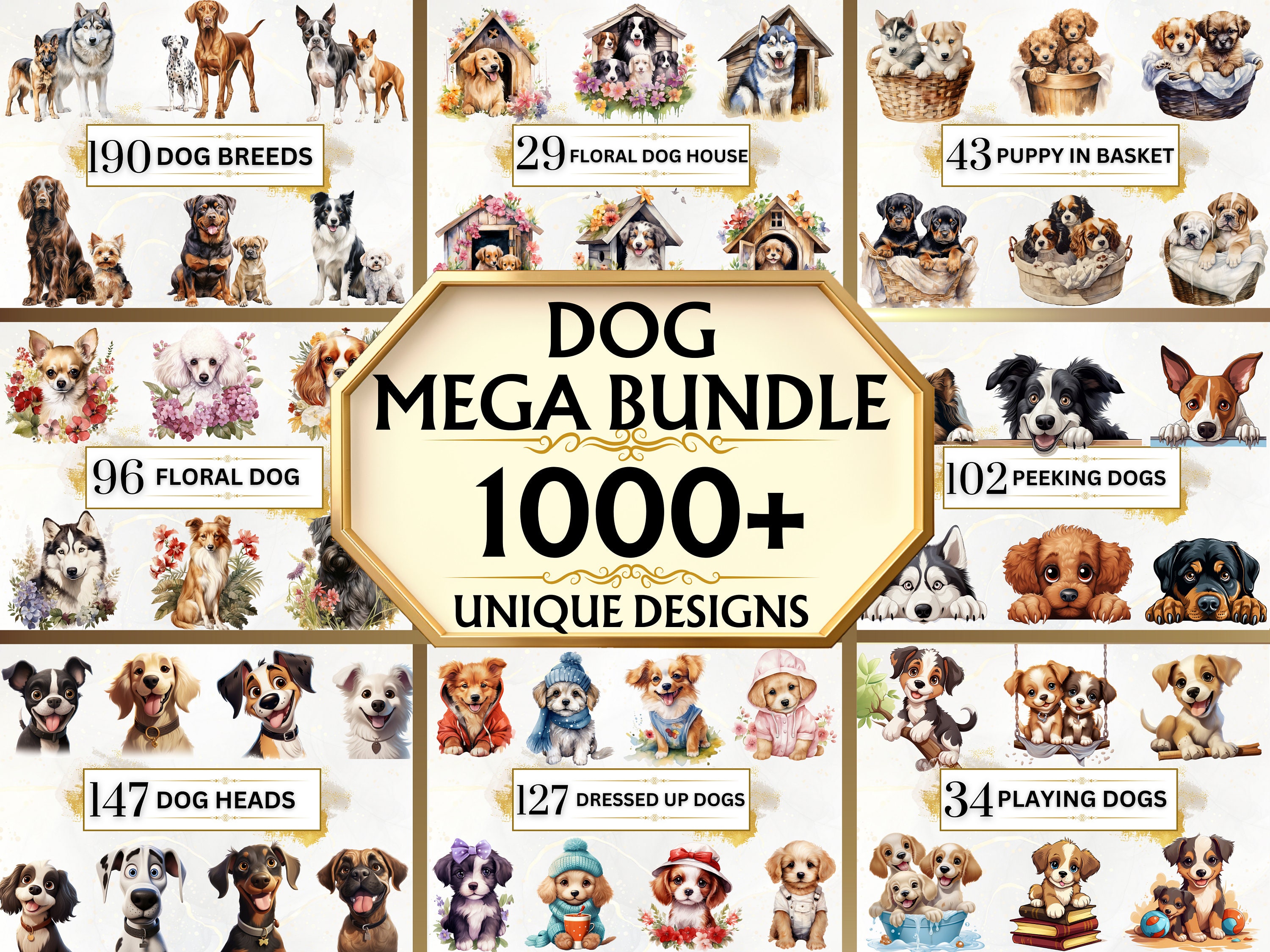 Dog Clipart Bundle - 1000+ Watercolor Dogs PNG, Dog Sublimation Designs ...