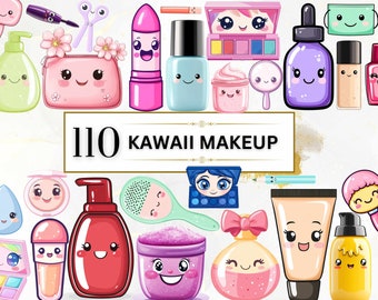 May include: A collection of 110 kawaii makeup items, including lipsticks, eyeshadow palettes, blush, foundation, face masks, and more. Each item features a cute cartoon face.