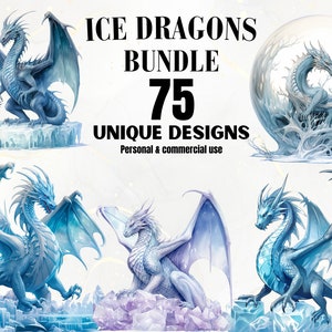 Ice Dragons PNG Bundle - 75 Ice Dragon PNGs, Dragon Clipart, Fantasy Clipart, Magical Creatures, Watercolor, Digital Download
