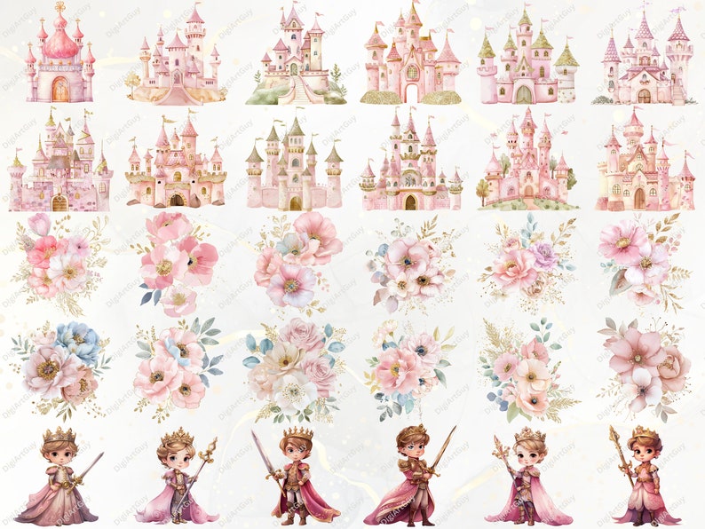Princess Clipart Watercolor Pink Princess PNG Fairy Tale Clipart Castle ...