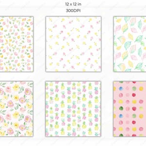 Another six seamless pattern designs with elements such as leaves, floral arrangements, and pineapples in soft pastel colors. These patterns are ideal for crafts, invitations, and wrapping paper.