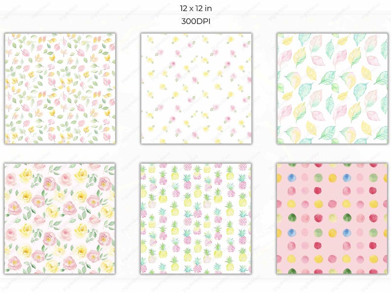 Another six seamless pattern designs with elements such as leaves, floral arrangements, and pineapples in soft pastel colors. These patterns are ideal for crafts, invitations, and wrapping paper.