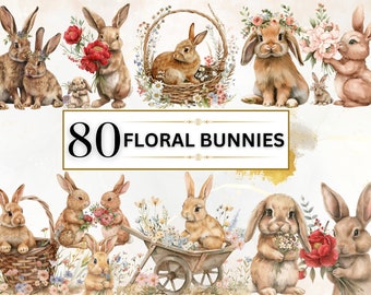 Clipart di coniglio floreale Clipart di coniglietto acquerello Clipart di coniglietto floreale PNG di coniglietto Clipart di animali Coniglio carino PNG di coniglietti carini Clipart / Uso commerciale