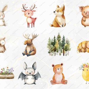 An array of woodland animals, including a deer, hedgehog, bat, bunny, moose, and squirrel, paired with elements like a cotton candy tree and flowers. Perfect for fun, nature-inspired projects or children's decor and crafts.