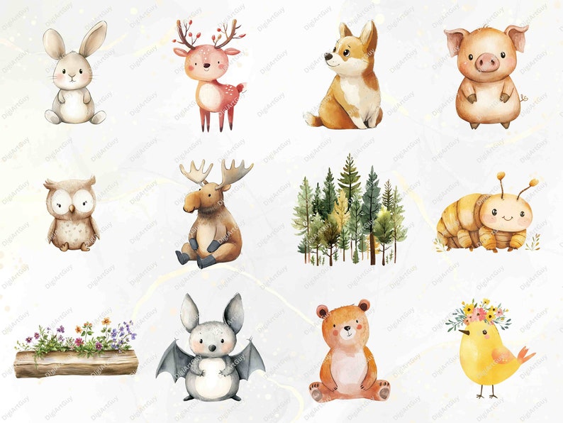An array of woodland animals, including a deer, hedgehog, bat, bunny, moose, and squirrel, paired with elements like a cotton candy tree and flowers. Perfect for fun, nature-inspired projects or children's decor and crafts.