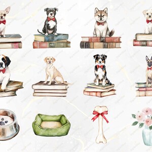 A mix of elements including dogs sitting on books, a water bowl, a green dog bed, a large dog bone with a ribbon, and a floral vase. This slide showcases additional decorative pieces included in the clipart pack.