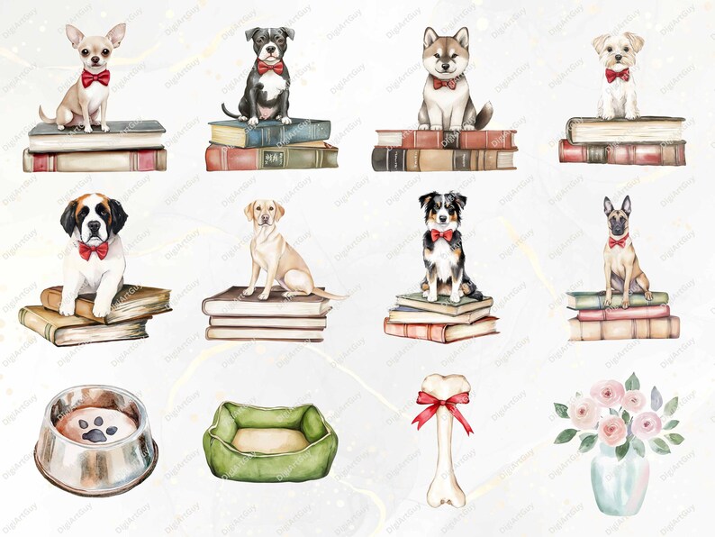 A mix of elements including dogs sitting on books, a water bowl, a green dog bed, a large dog bone with a ribbon, and a floral vase. This slide showcases additional decorative pieces included in the clipart pack.