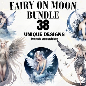 Moon Fairy Watercolor Clipart - 38 Watercolor Fairy Images, Fairytale Clip Art, Fantasy Clipart, Fairy PNG bundle, Digital Download