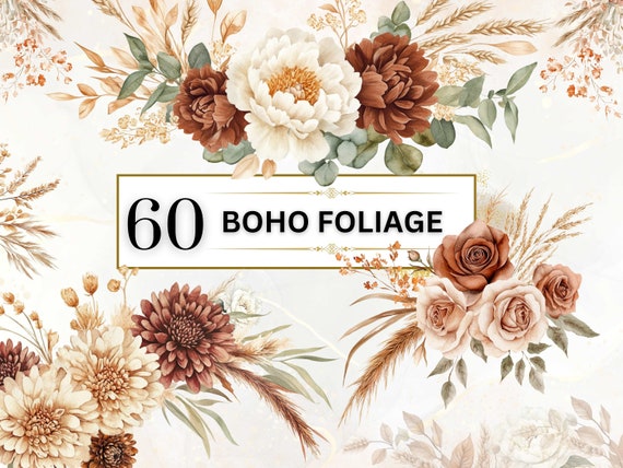 Boho Foliage Clipart Boho Flowers Clipart Fall Floral Clipart Watercolor Flower PNG Autumn Floral Bouquet Bohemian Flower Bouquet Boho Roses