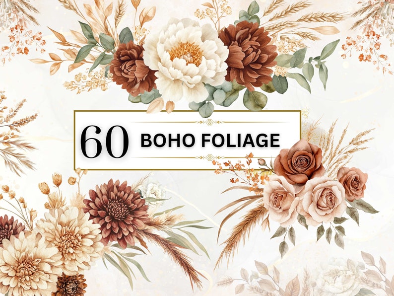 The image features a variety of boho floral elements, including roses, dahlias, eucalyptus leaves, and wheat sprigs, in earthy tones of cream, beige, dusty pink, sage green, and deep burgundy, all arranged in delicate, watercolor-style compositions.