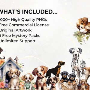 Image describes the bundle features like 1000+ images, png format, 5 free mystery packs, commercial license and unlimited support from seller.