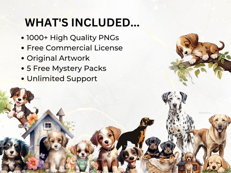 Image describes the bundle features like 1000+ images, png format, 5 free mystery packs, commercial license and unlimited support from seller.