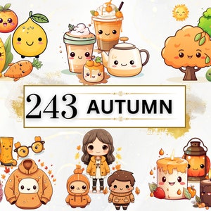 Paquete de imágenes prediseñadas de Kawaii - 243 imágenes prediseñadas de otoño de Kawaii, lindo conjunto de imágenes prediseñadas de Kawaii PNG, imágenes prediseñadas de otoño de Kawaii lindo, PNG de otoño lindo, pegatinas de otoño de Kawaii