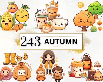Kawaii Clipart Bundle - 243 Kawaii Fall Clipart, Cute Kawaii PNG Clipart Set, Cute Kawaii Autumn Clipart, Cute Fall PNG,Kawaii Fall Stickers