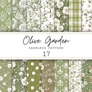 May include: A selection of 17 seamless patterns in olive green, white, and beige. The designs include floral, polka dot, and plaid patterns. The text "Olive Garden" and "Seamless Pattern 17" are displayed.