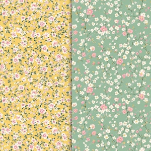 Two seamless floral confetti patterns shown in full; one with pink and white flowers on a yellow background, and the other with light blossoms on a soft sage green backdrop.