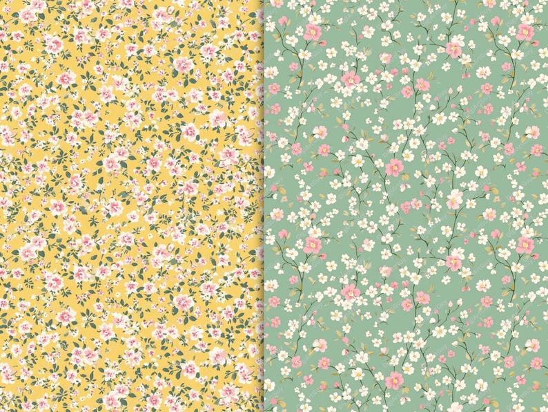 Two seamless floral confetti patterns shown in full; one with pink and white flowers on a yellow background, and the other with light blossoms on a soft sage green backdrop.