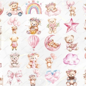 May include: A set of 24 watercolor illustrations featuring cute teddy bears in various poses and settings. The illustrations include teddy bears with flowers, teddy bears in hot air balloons, teddy bears sleeping on clouds, and teddy bears playing with toys. The illustrations are perfect for scrapbooking, card making, and other craft projects.