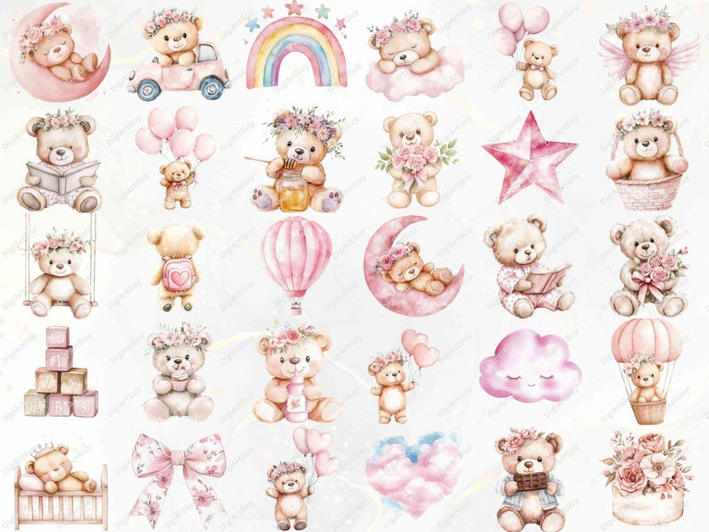 May include: A set of 24 watercolor illustrations featuring cute teddy bears in various poses and settings. The illustrations include teddy bears with flowers, teddy bears in hot air balloons, teddy bears sleeping on clouds, and teddy bears playing with toys. The illustrations are perfect for scrapbooking, card making, and other craft projects.