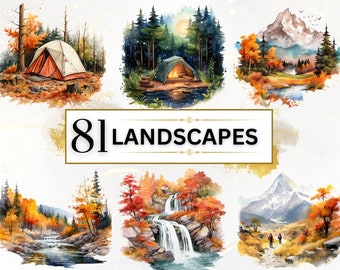 Mountain Landscape Bundle - 81 Landscape Clipart PNGs, Fall Watercolor Clipart, Mountain Clipart, Autumn Forest, Landscape PNG, Nature Scene