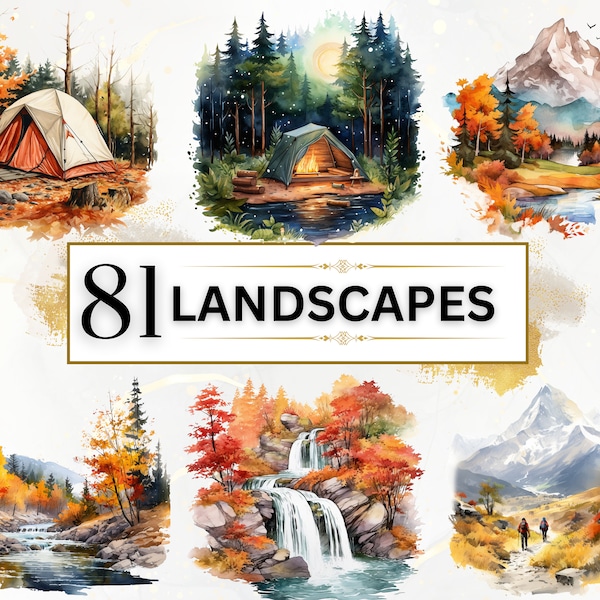 Mountain Landscape Bundle - 81 Landscape Clipart PNGs, Fall Watercolor Clipart, Mountain Clipart, Autumn Forest, Landscape PNG, Nature Scene