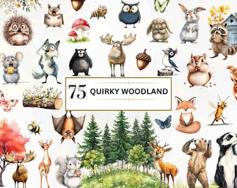 Clipart di animali del bosco ad acquerello, 75 immagini PNG fantasiose (download digitale)