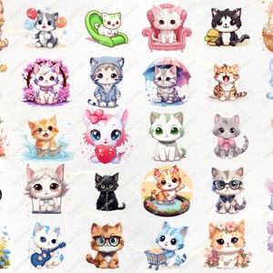 May include: A collection of 36 cute cartoon cat illustrations. The cats are depicted in various poses and settings, including playing music, wearing hats, and holding objects. The illustrations are colorful and whimsical, and they would be perfect for use in a variety of creative projects.