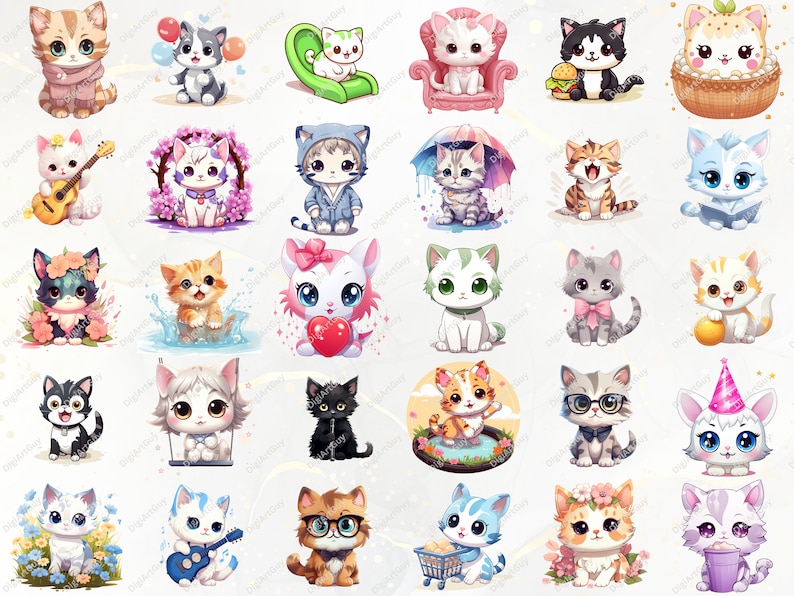 May include: A collection of 36 cute cartoon cat illustrations. The cats are depicted in various poses and settings, including playing music, wearing hats, and holding objects. The illustrations are colorful and whimsical, and they would be perfect for use in a variety of creative projects.