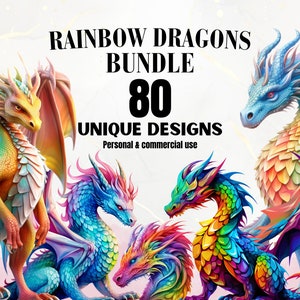 Regenbogendrachen Clipart Bundle - 80 Regenbogendrachen PNGs, Drachen Clipart, Fantasy Clipart, Magische Kreaturen, Aquarell, Digitaler Download
