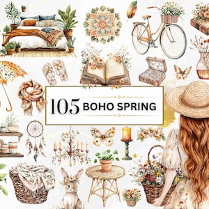Clipart printemps bohème aquarelle printemps PNG Clipart lapin floral printemps fille bohème PNG Boho Clipart Boho PNG autocollant numérique Png Boho Vibes