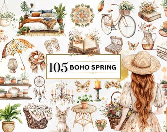 Clipart de primavera boho Acuarela primavera PNG Clipart de conejito Primavera floral Chica boho PNG Clipart boho PNG Pegatina digital Png Vibraciones boho