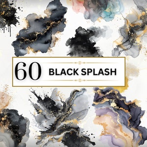Peut inclure: 60 graphismes de peinture noire éclaboussés avec des accents dorés. Les graphismes sont abstraits et ressemblent à du marbre ou de l'agate.