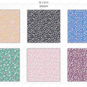 Grid of six seamless floral confetti swatches, including designs in orange, black, blue, teal, white, and plum backgrounds, each with tiny scattered pastel florals.