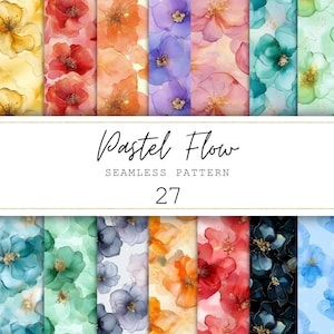 Puede incluir: Una colección de 27 patrones florales sin costuras en varios colores pastel, incluyendo azul, amarillo, rojo, naranja, morado y verde. Los patrones presentan flores estilo acuarela. El texto "Pastel Flow Seamless Pattern 27" se muestra en la imagen.