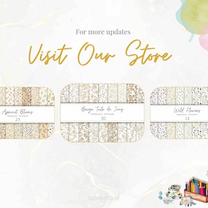May include: A set of 3 digital paper packs featuring floral patterns. The packs are titled "Apricot Blooms", "Beige Toile de Jouy", and "Wild Flowers". Each pack includes 14 to 30 seamless patterns.