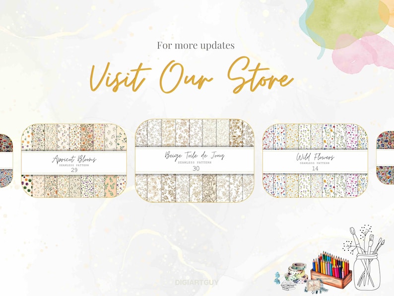 May include: A set of 3 digital paper packs featuring floral patterns. The packs are titled "Apricot Blooms", "Beige Toile de Jouy", and "Wild Flowers". Each pack includes 14 to 30 seamless patterns.