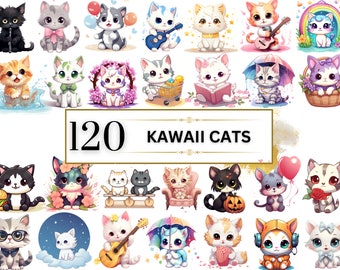 Kawaii Clipart Bundle - 120 Cute Kawaii Cat Clipart Set Kawaii Cat Clipart Kawaii Cat Stickers Kawaii Animal Clipart Cute | Commercial Use