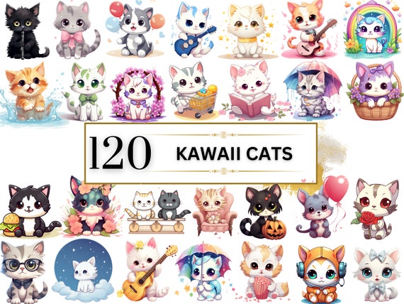 Kawaii Clipart Bundle - 120 Cute Kawaii Cat Clipart Set Kawaii Cat Clipart Kawaii Cat Stickers Kawaii Animal Clipart Cute | Commercial Use
