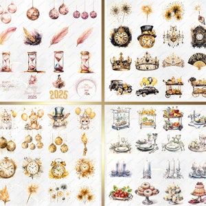 May include: A collection of watercolor illustrations featuring New Year's Eve themes. The illustrations include clocks, crowns, champagne glasses, fireworks, and other festive elements. The illustrations are perfect for adding a touch of elegance to your New Year's Eve celebrations.