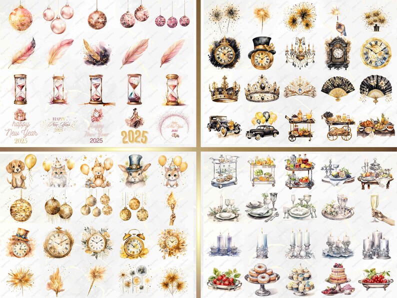 May include: A collection of watercolor illustrations featuring New Year's Eve themes. The illustrations include clocks, crowns, champagne glasses, fireworks, and other festive elements. The illustrations are perfect for adding a touch of elegance to your New Year's Eve celebrations.