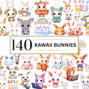 Kawaii Clipart - 140 Niedliche Kawaii PNG Clipart Set, Kawaii Hase Clipart, Süße Kawaii Clipart, Kawaii Tiere, Kawaii Kaninchen, Kawaii Aufkleber
