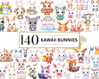 Kawaii Clipart - 140 Cute Kawaii PNG Clipart Set, Kawaii Bunny Clipart, Cute Kawaii Clipart, Kawaii Animals, Kawaii Rabbit, Kawaii Stickers