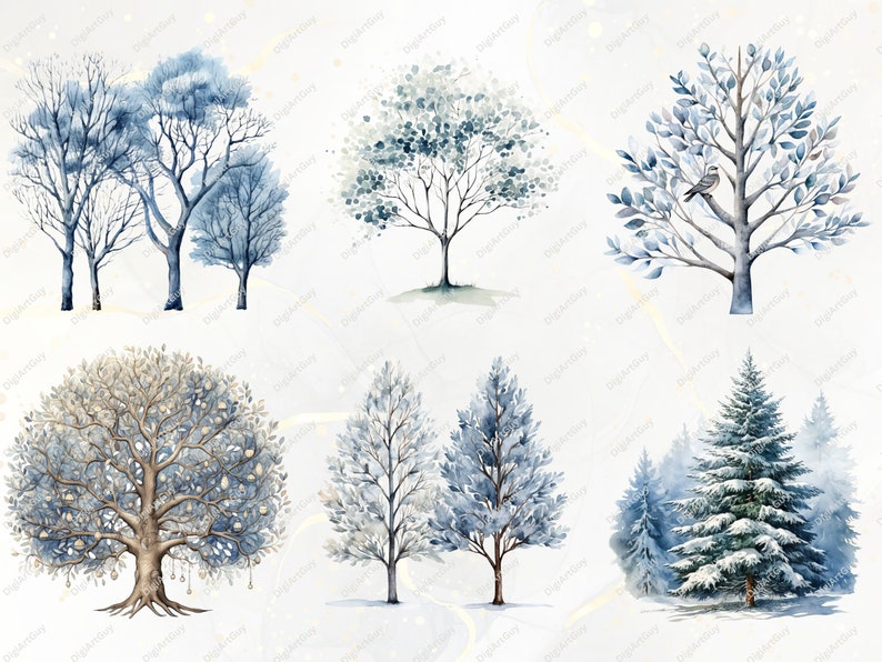 Bomen clipart bundel-60 aquarel winter clipart PNGs, winter PNG, aquarel bomen clipart, winter bomen PNG, Pine Tree clipart, sneeuw PNG afbeelding 5