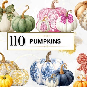 Watercolor Pumpkin Clipart Fall PNG Thanksgiving PNGs Floral Clipart Set Pastel Pumpkin PNG Autumn Clipart Bows And Pumpkins, Toile De Jouy