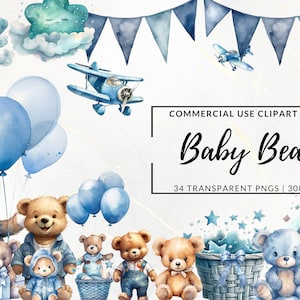 Ours en peluche pour baby shower, ours en peluche clipart pour baby shower garçon mignon ours en peluche à imprimer aquarelle pour baby shower