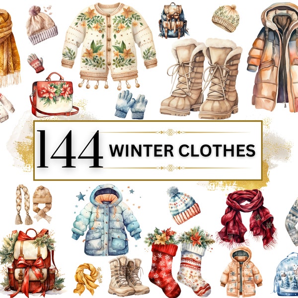 Winter Clothes Clipart - 144 Watercolor Winter Clipart PNGs, Winter PNG, Winter Fashion Clipart, Sweater, Jacket, Hat, Boots, Gloves, Socks